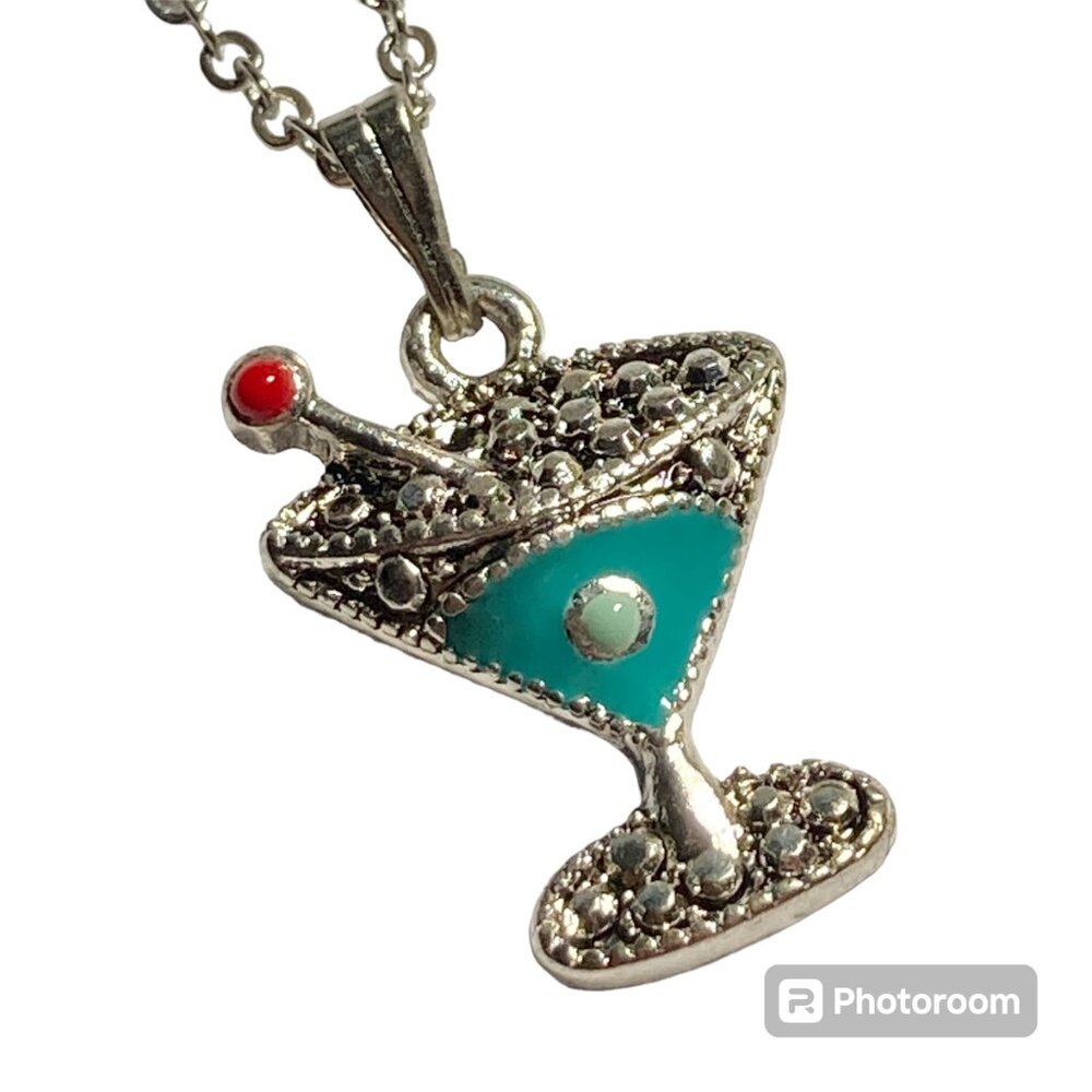 Martini Cocktail Drink Cup Glass Charm Necklace Pendant Aqua Enamel 18" Chain